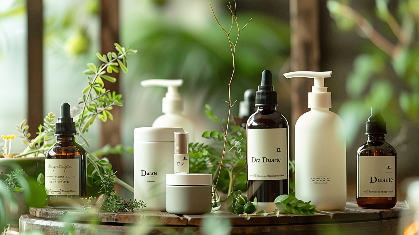 Foto de varios productos para el cuidado de la piel de la Dra. Duarte, incluyendo botellas y frascos con etiquetas elegantes, rodeados de plantas naturales en un ambiente de spa